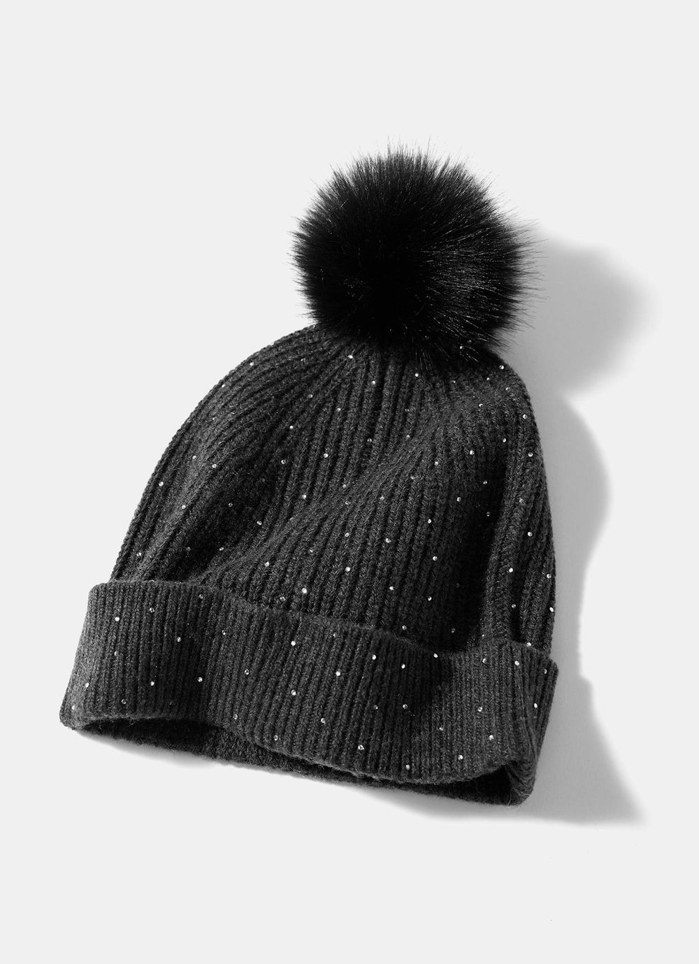 Dark Grey Embellished Knit Bobble Hat
