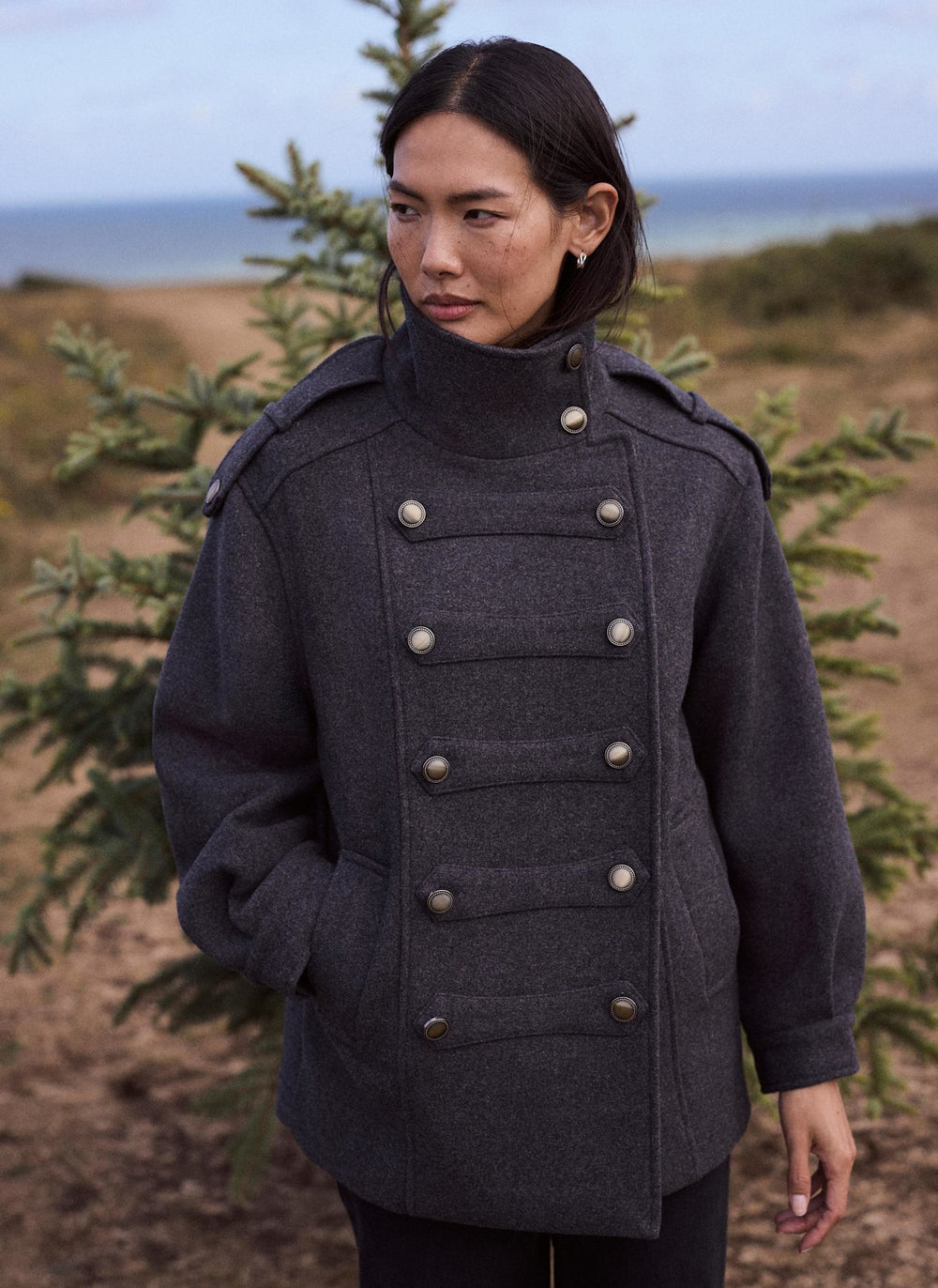 Dark Grey Wool Blend Funnel Neck Military Coat