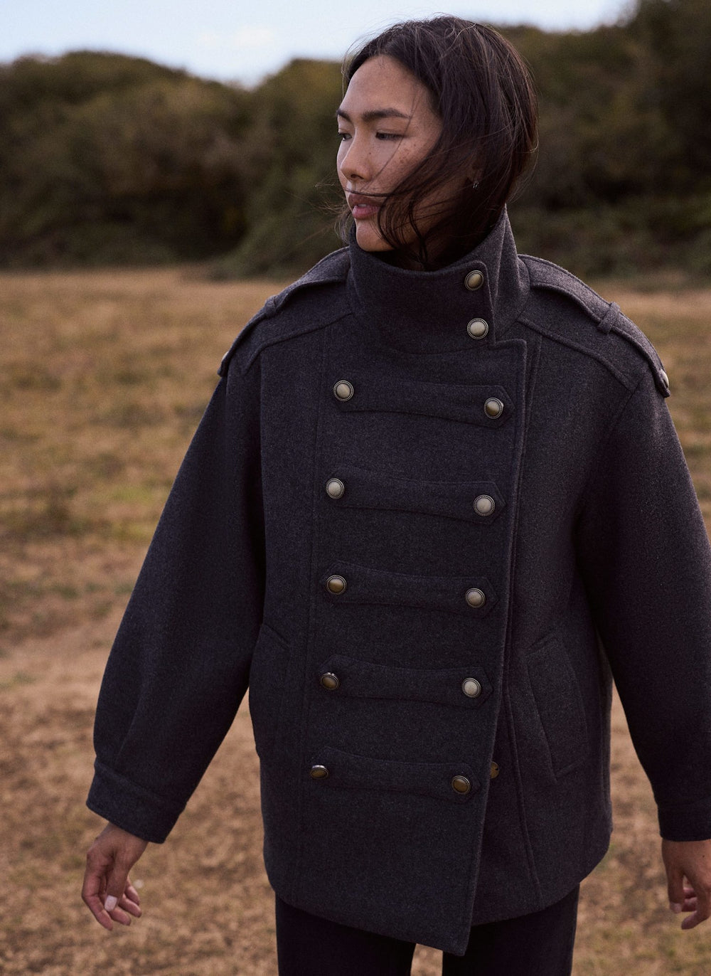 Dark Grey Wool Blend Funnel Neck Military Coat