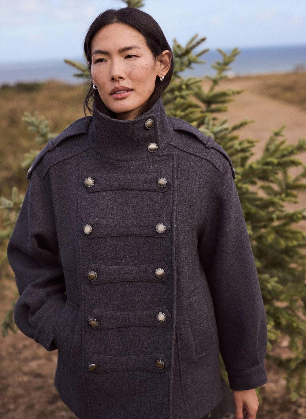Dark Grey Wool Blend Funnel Neck Military Coat
