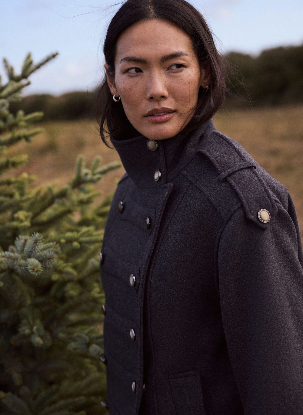 Dark Grey Wool Blend Funnel Neck Military Coat