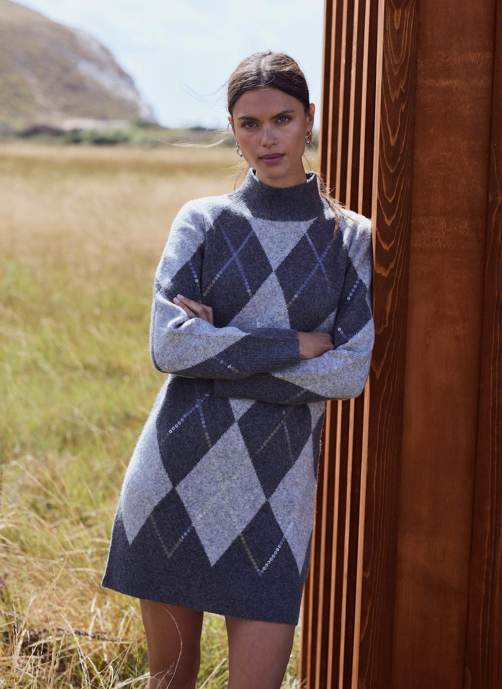 Grey Embellished Argyle Knit Mini Dress