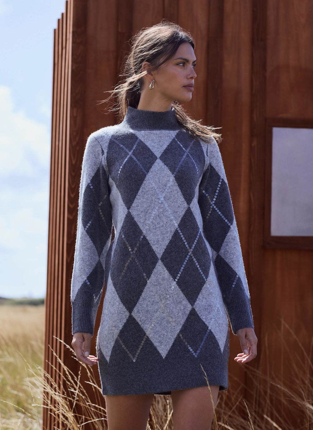 Grey Embellished Argyle Knit Mini Dress