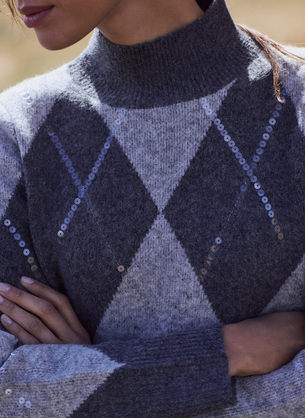 Grey Embellished Argyle Knit Mini Dress