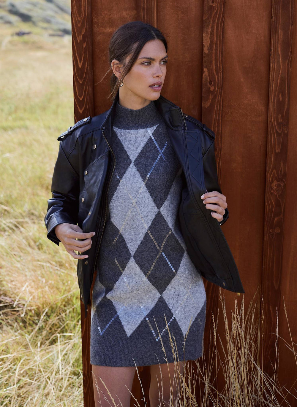 Grey Embellished Argyle Knit Mini Dress
