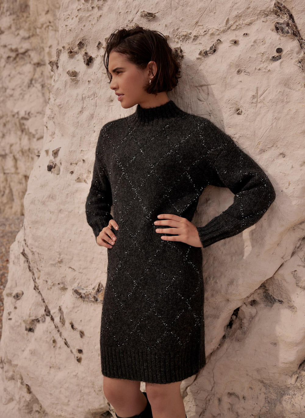 Grey Sequin Knit Mini Dress