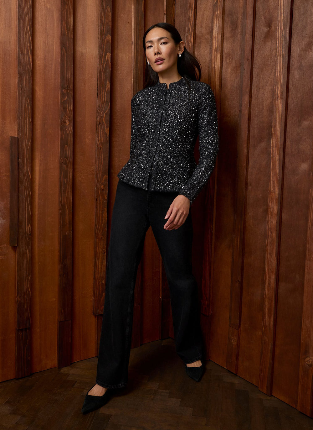 Dark Grey Sequin Knit Peplum Cardigan
