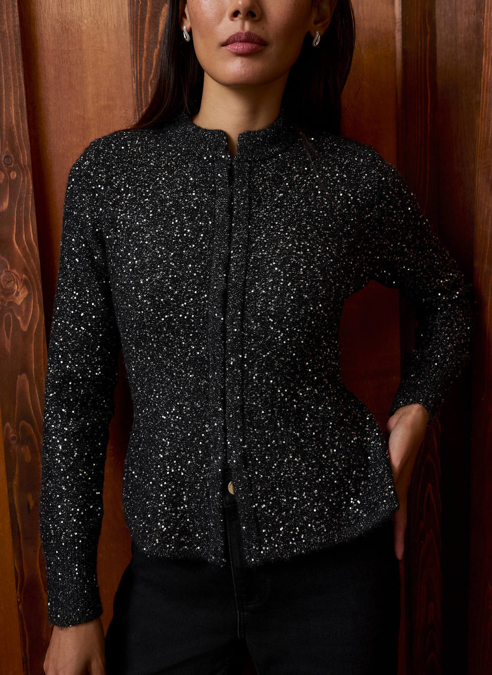 Dark Grey Sequin Knit Peplum Cardigan