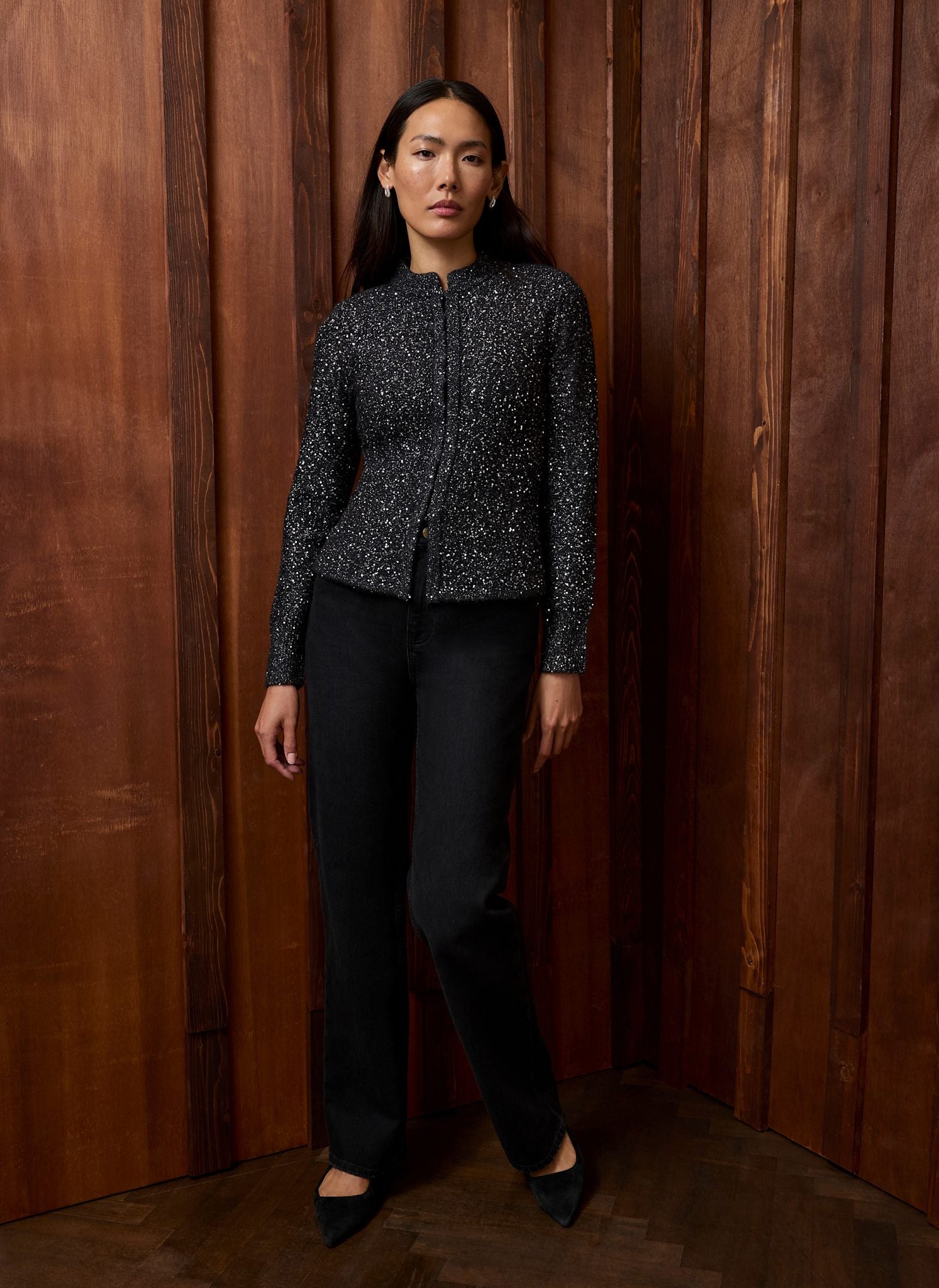 Dark Grey Sequin Knit Peplum Cardigan – Mint Velvet