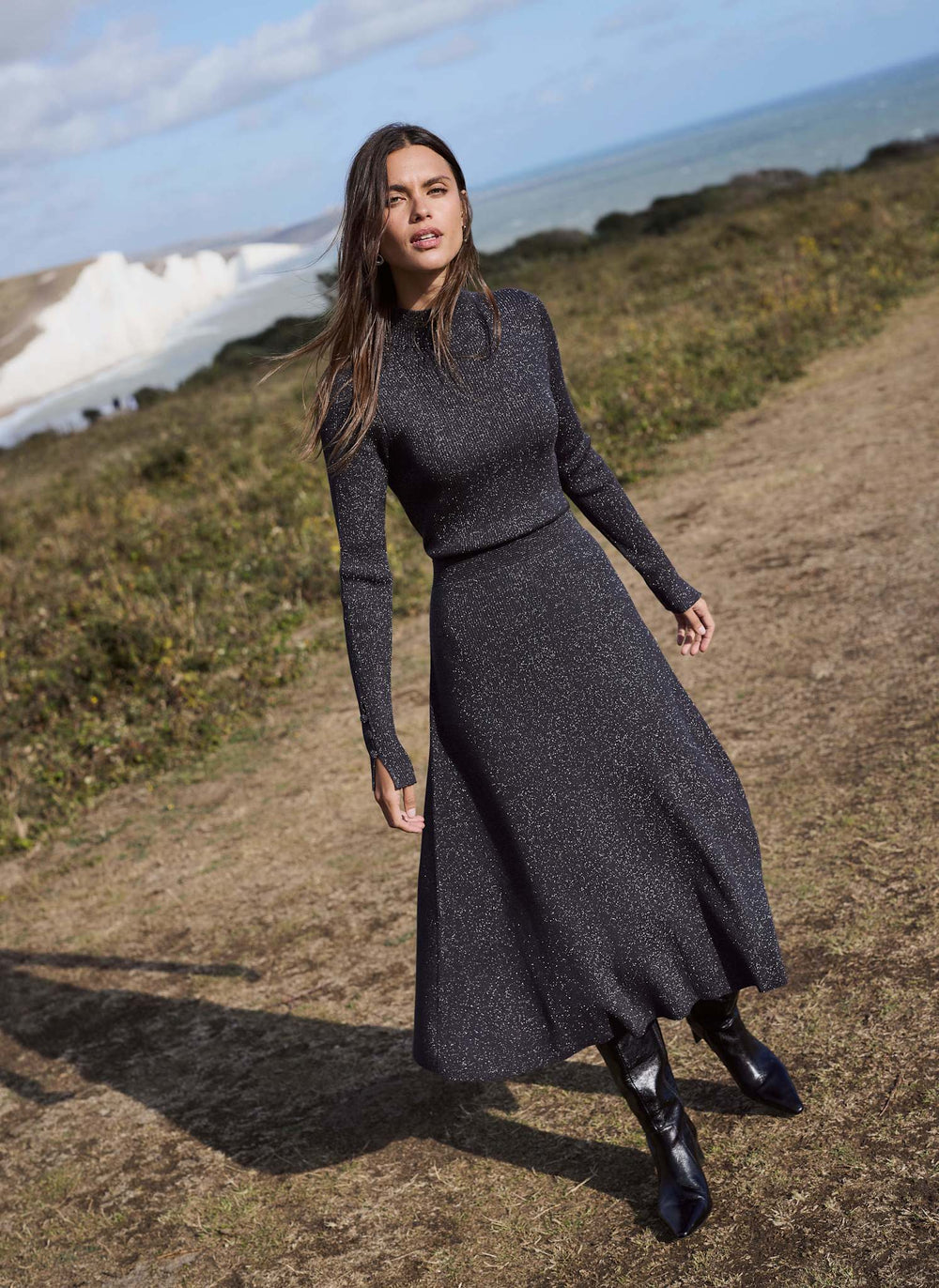 Dark Grey Metallic Knit Maxi Dress