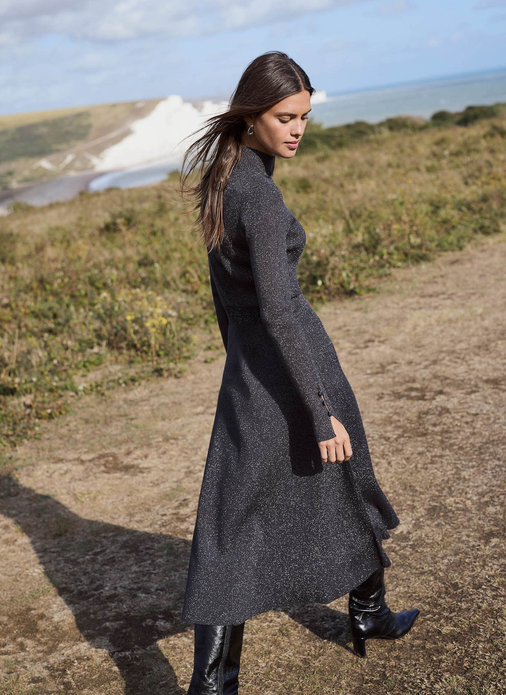 Dark Grey Metallic Knit Maxi Dress