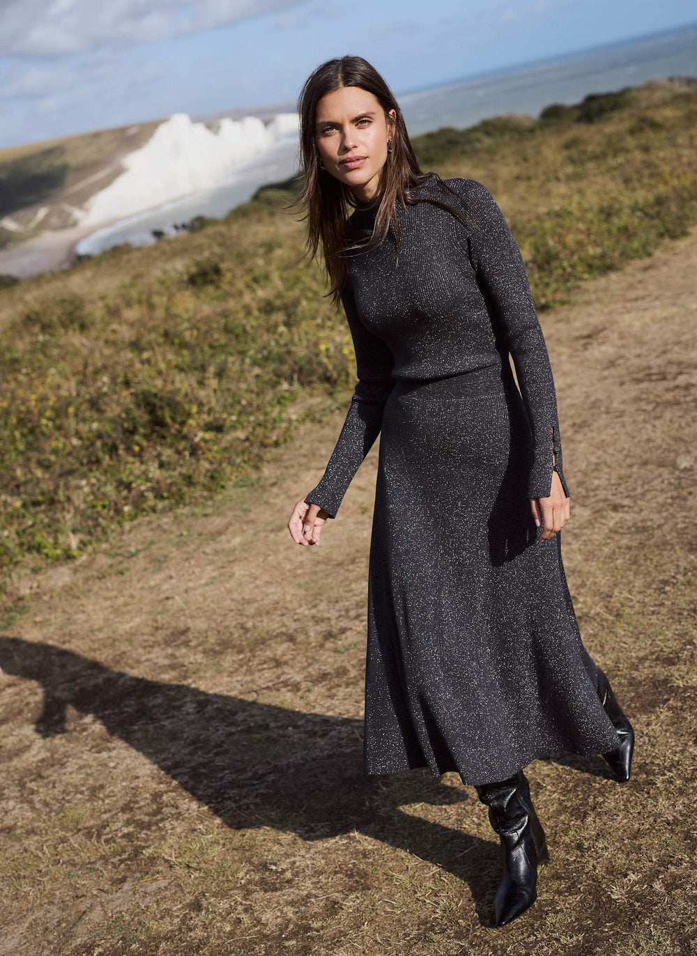 Dark Grey Metallic Knit Maxi Dress