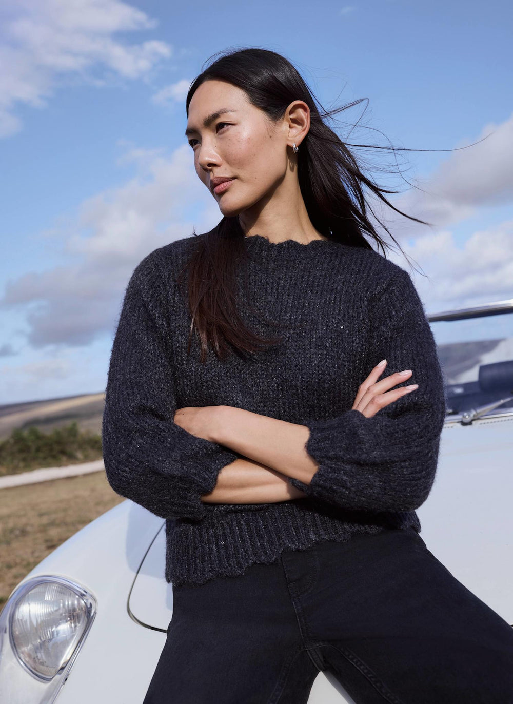 Dark Grey Sequin Puff Sleeve Knit Jumper