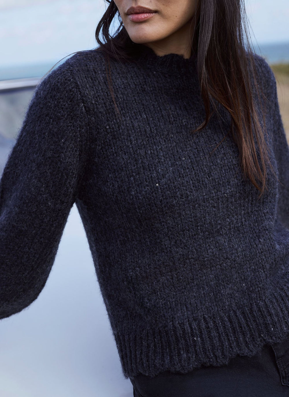 Dark Grey Sequin Puff Sleeve Knit Jumper