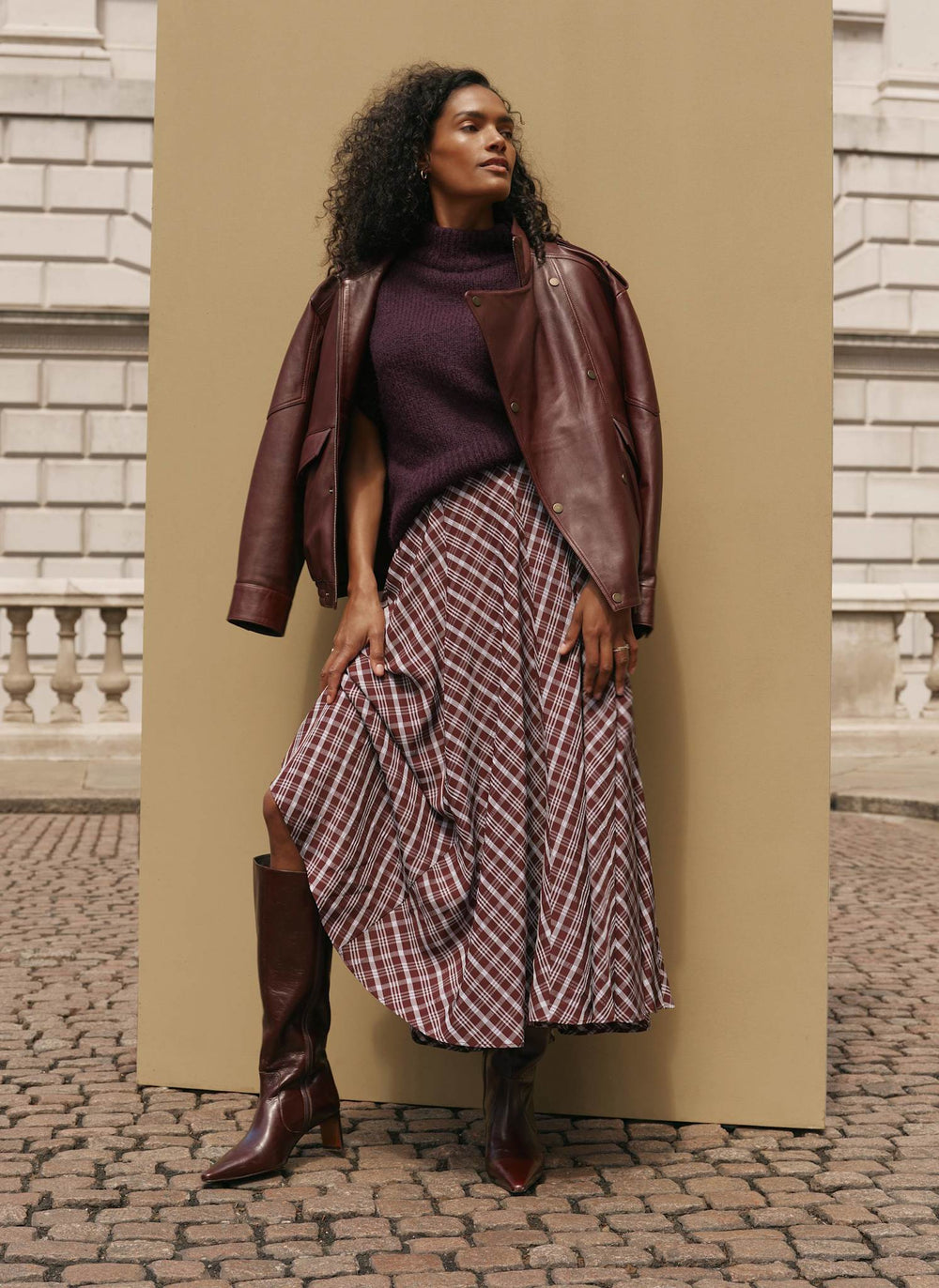 Brown Checked Midi Skirt