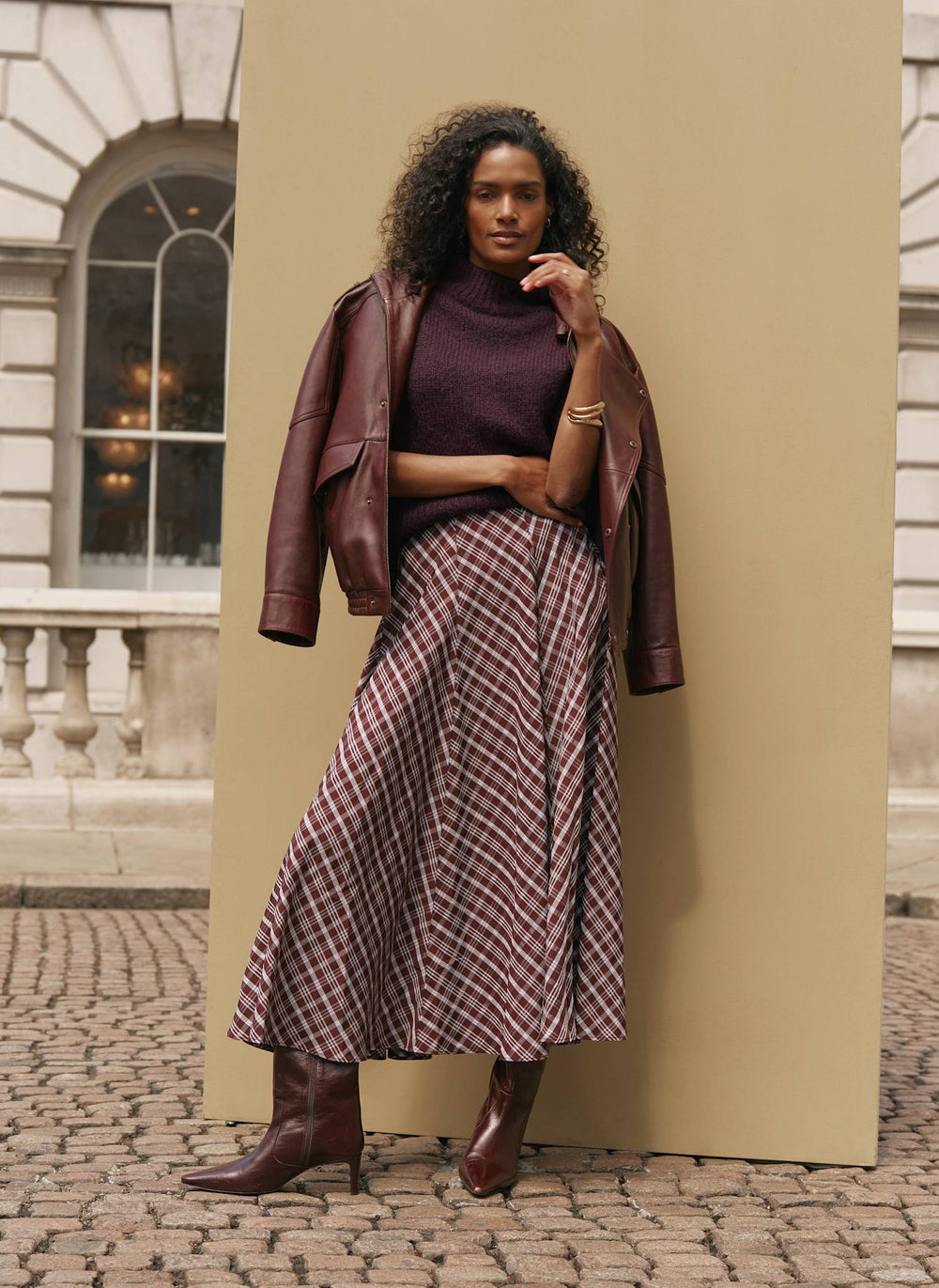 Brown Checked Midi Skirt