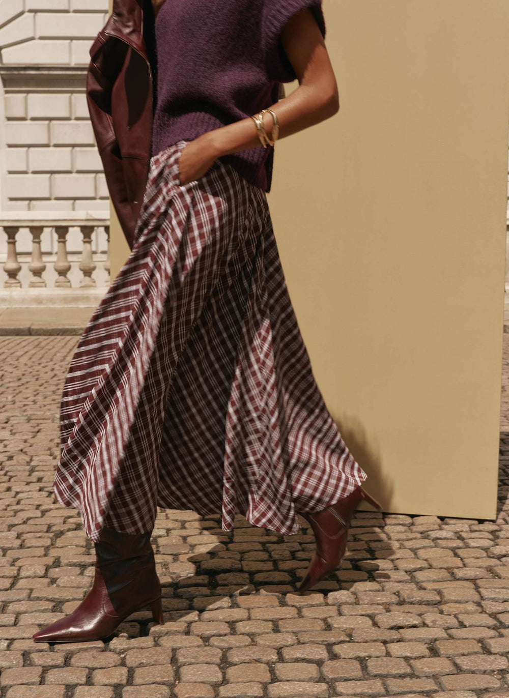 Brown Checked Midi Skirt