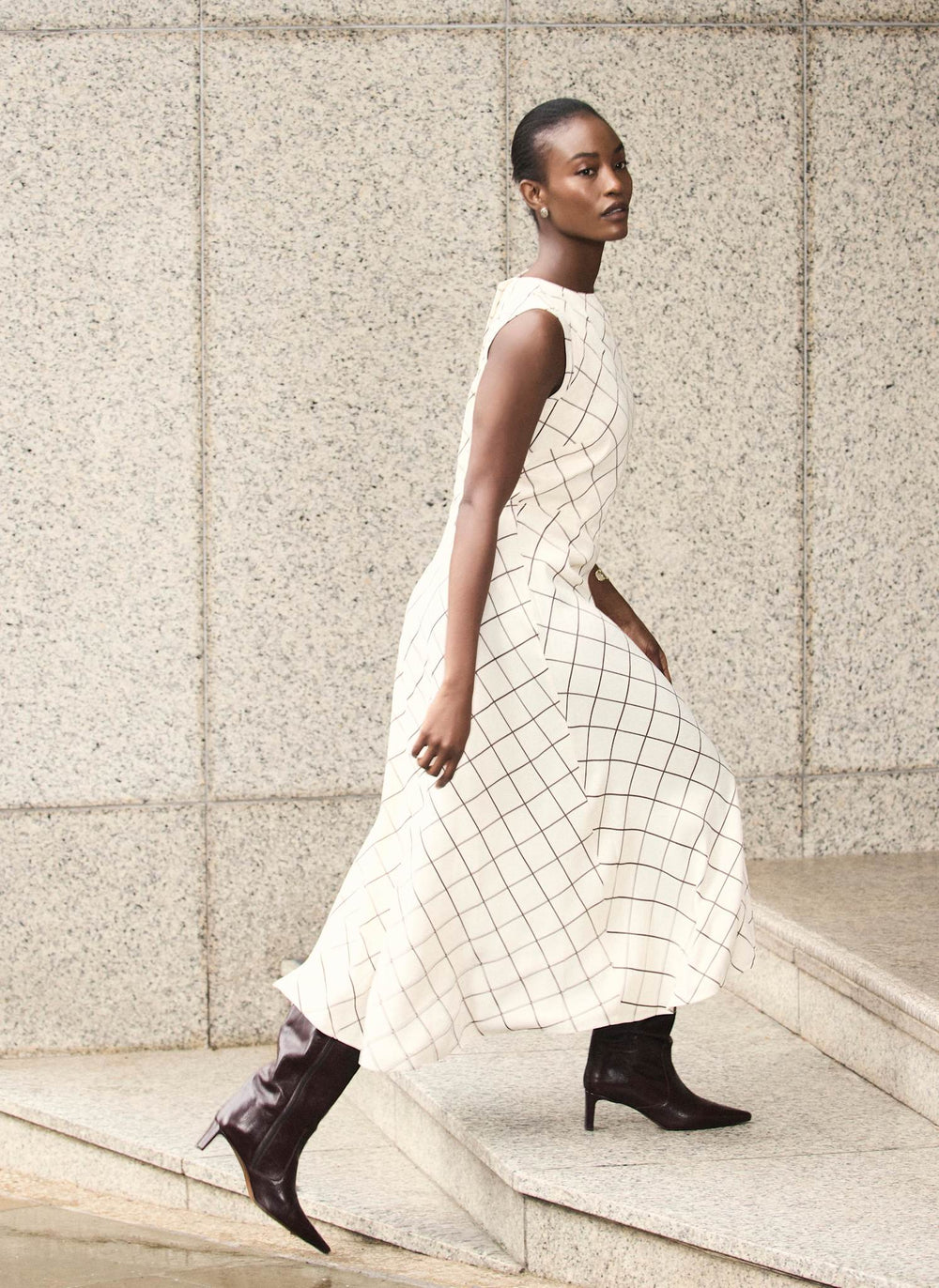 Cream Satin Checked Midi Dress