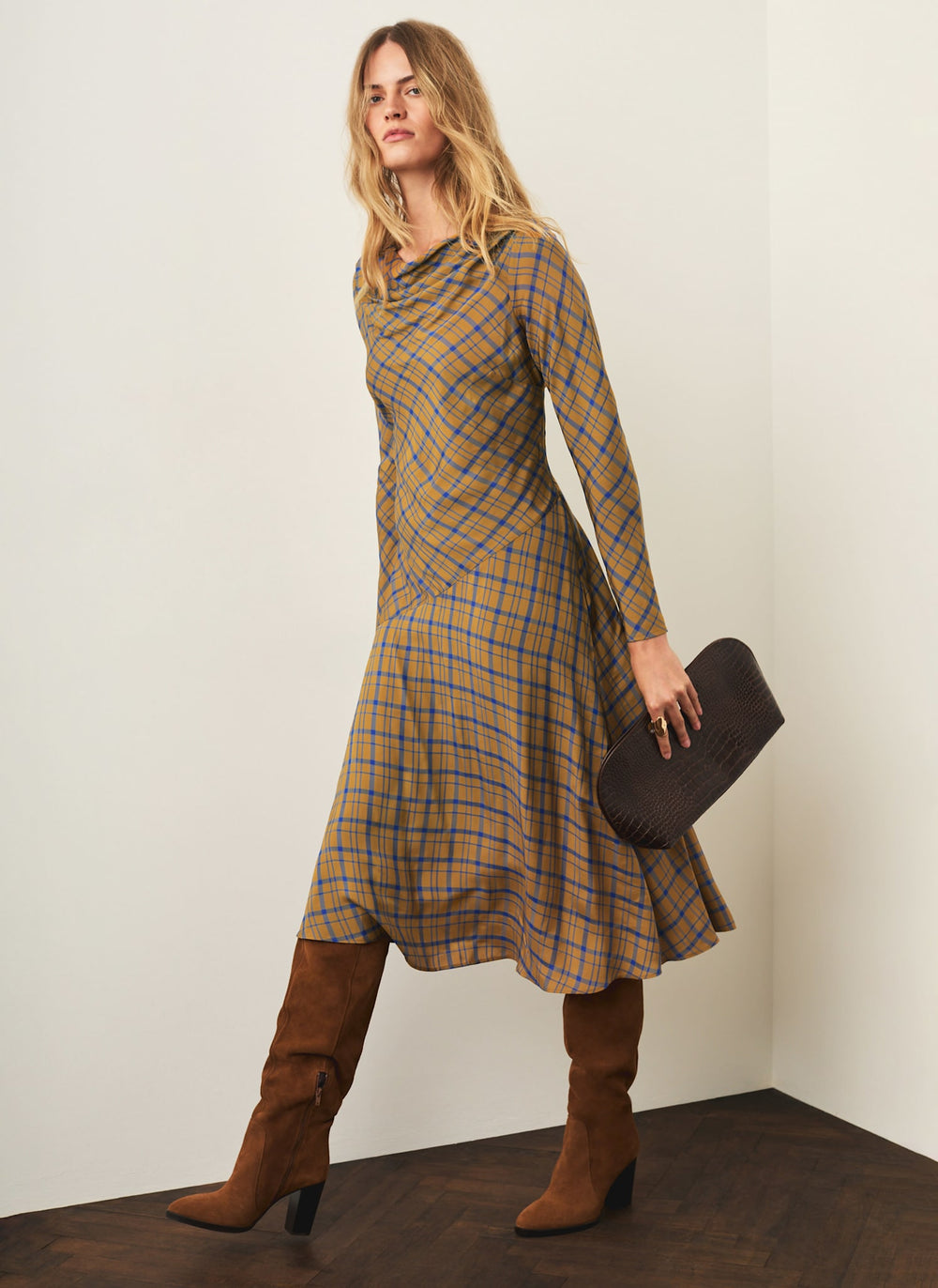 Yellow Checked Cowl Neck Midi Dress