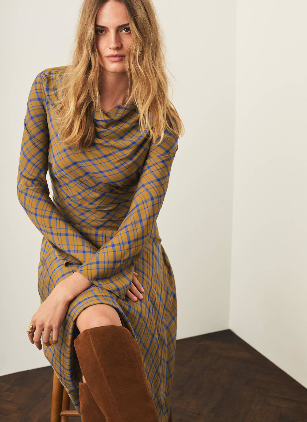 Yellow Checked Cowl Neck Midi Dress