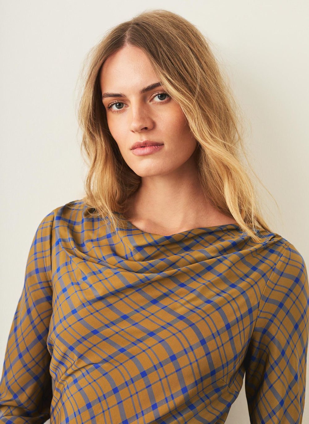 Yellow Checked Cowl Neck Midi Dress