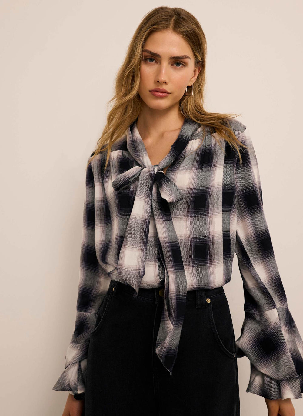 Grey Check Pussybow Blouse