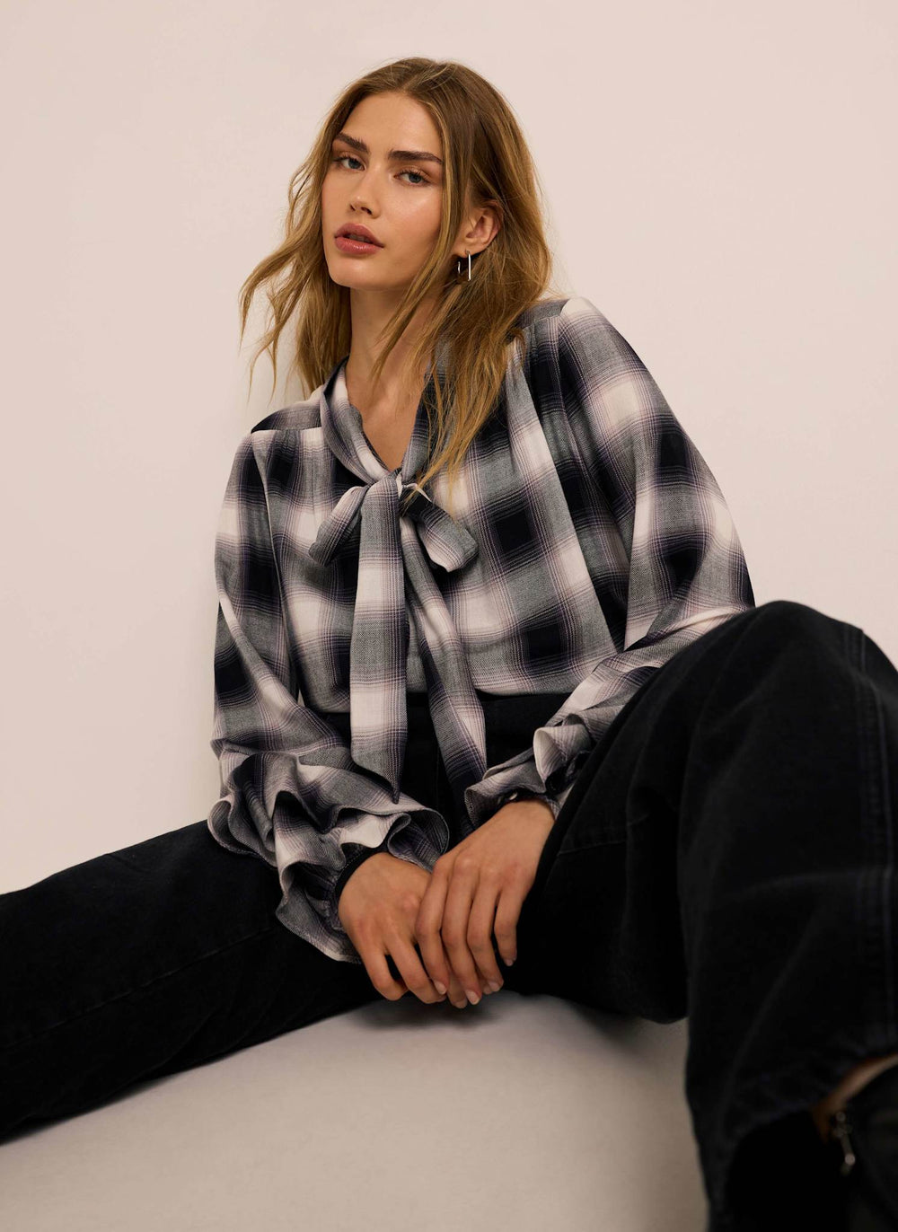 Grey Check Pussybow Blouse
