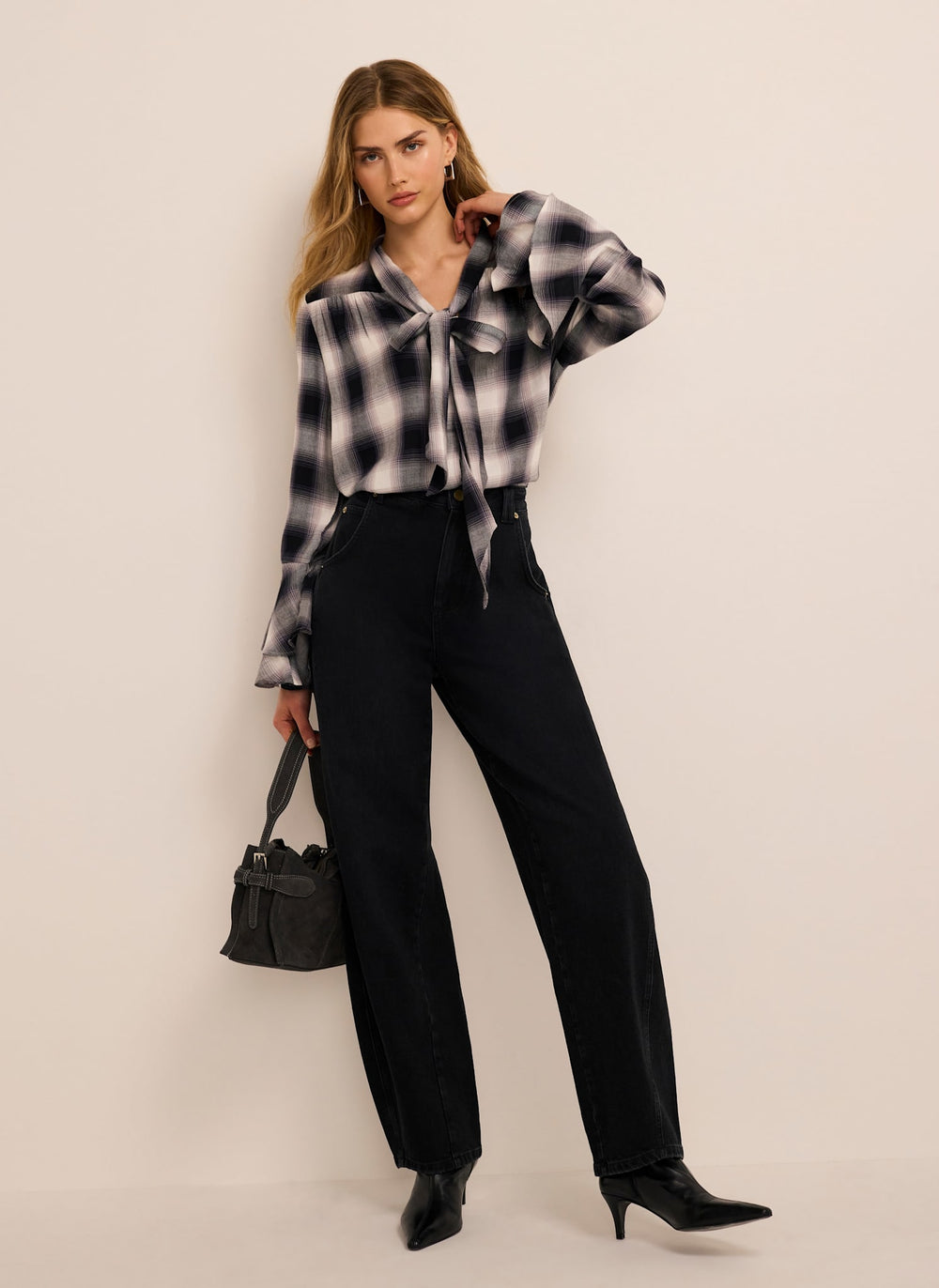 Grey Check Pussybow Blouse