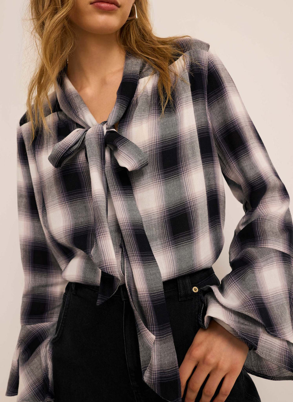 Grey Check Pussybow Blouse