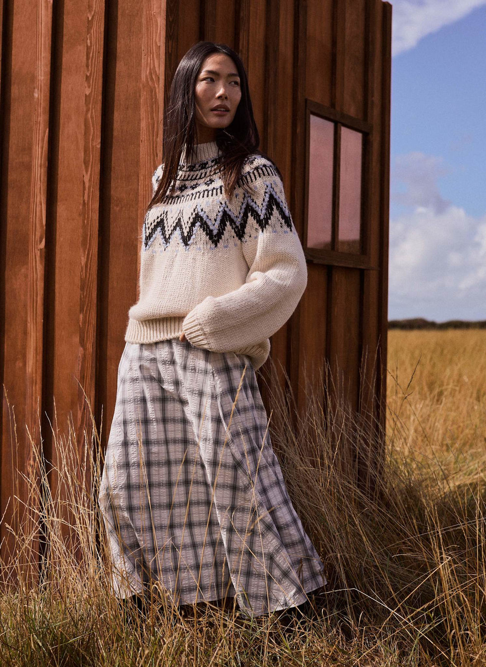 Grey Cotton Checked Midi Skirt