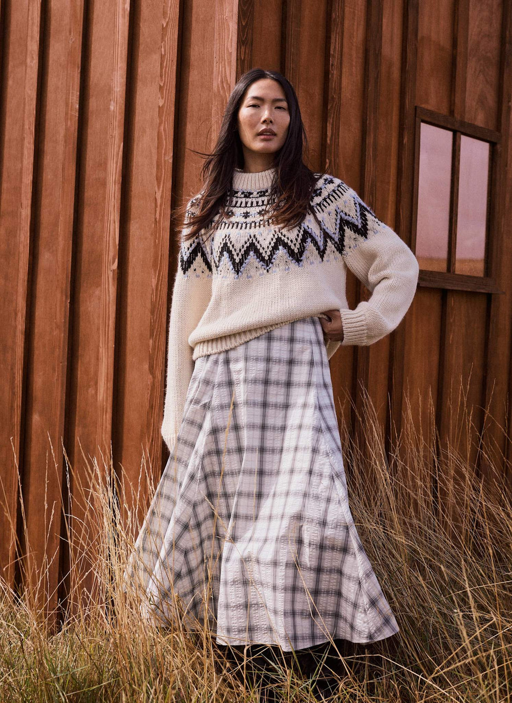 Grey Cotton Checked Midi Skirt