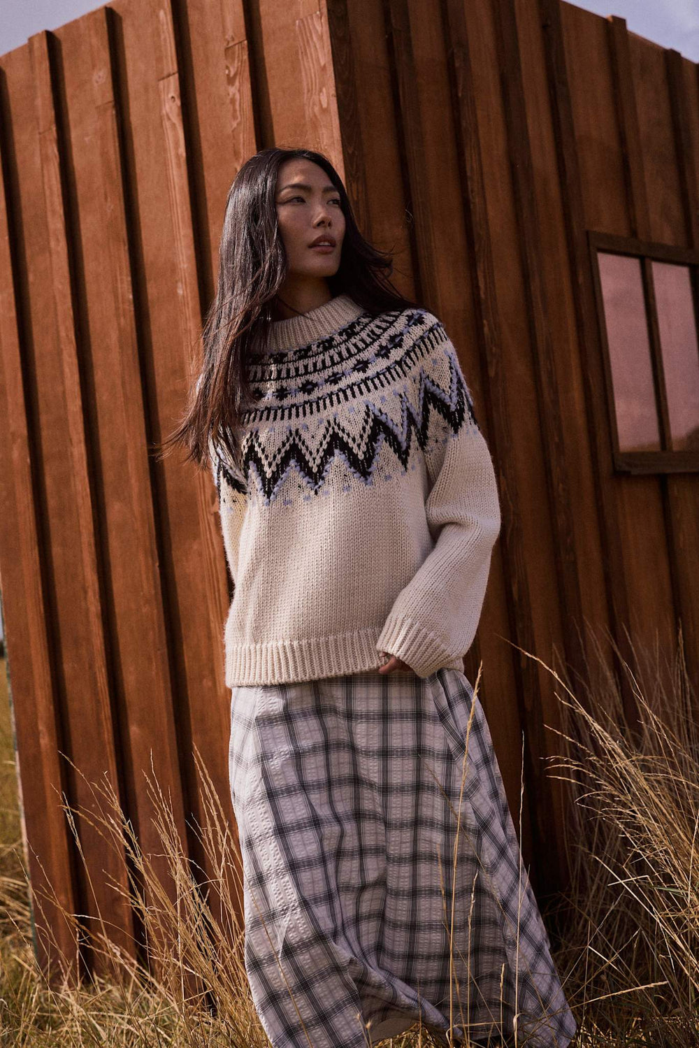 Grey Cotton Checked Midi Skirt