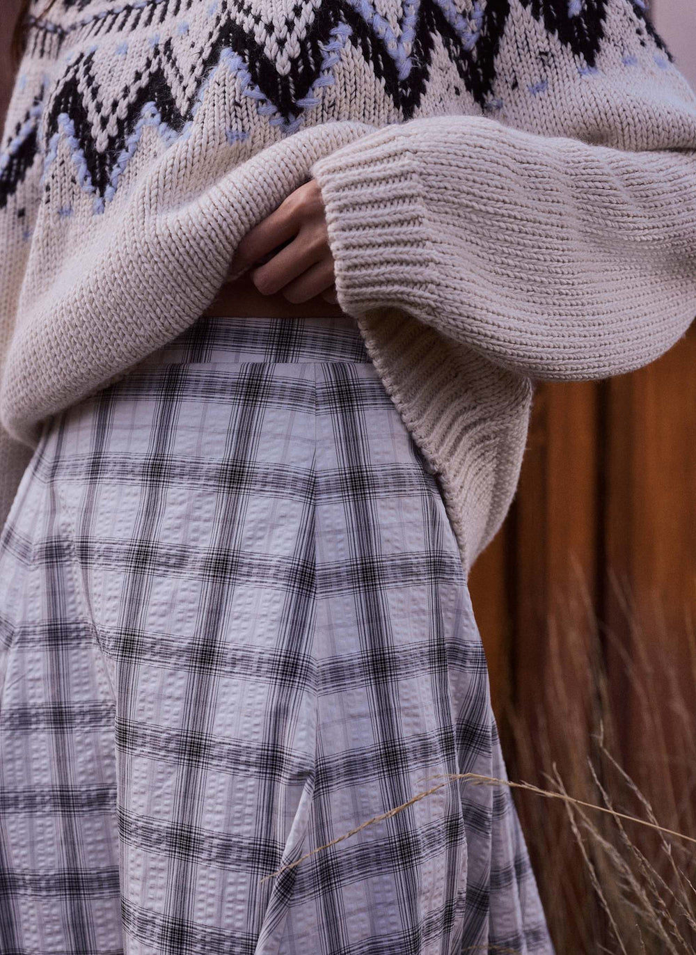 Grey Cotton Checked Midi Skirt