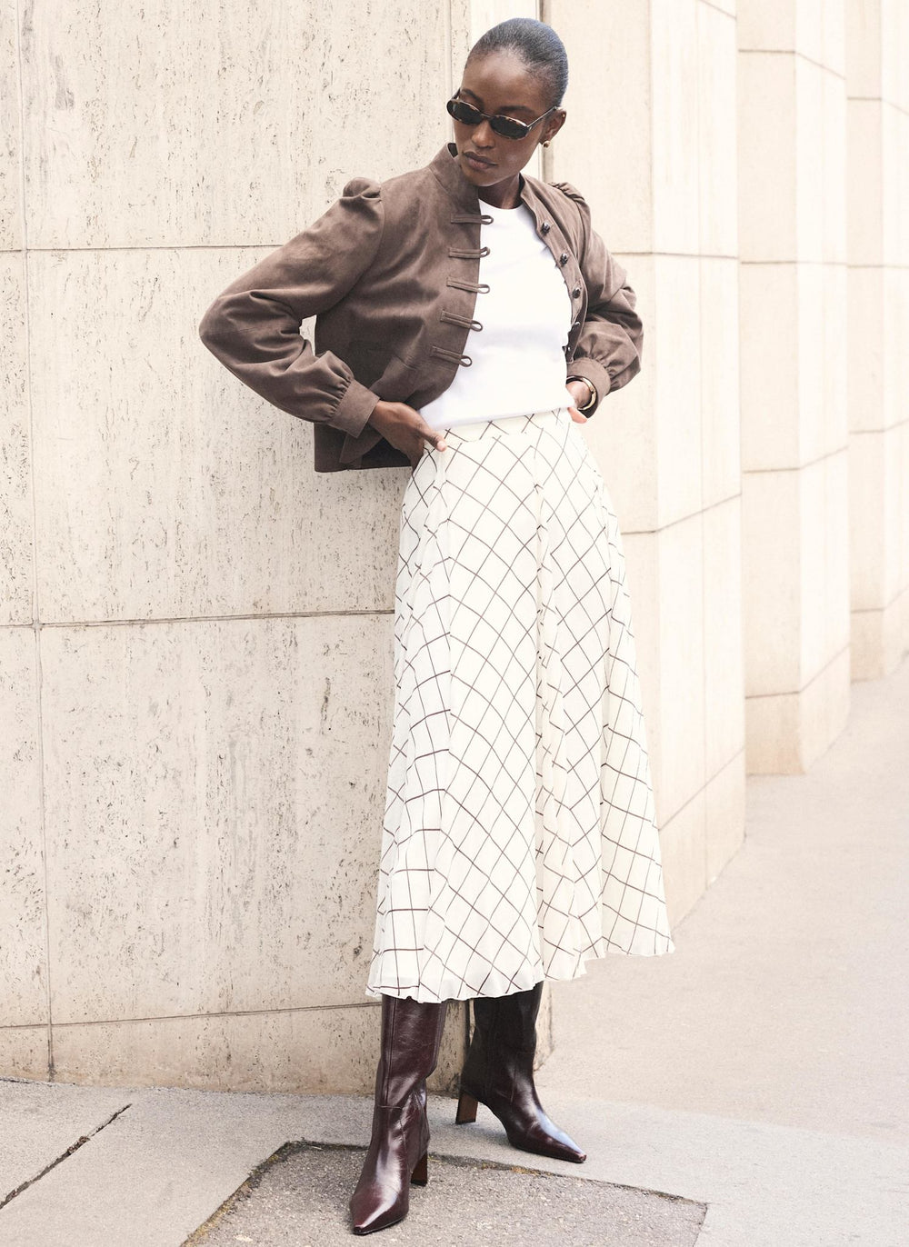 Neutral Checked Midi Skirt