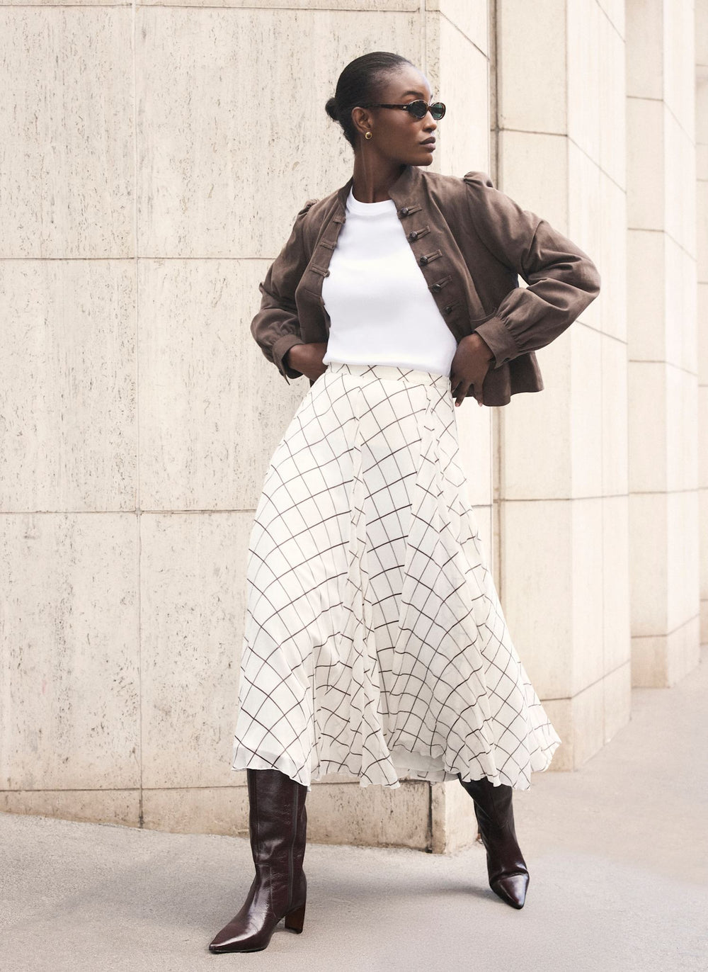 Neutral Checked Midi Skirt