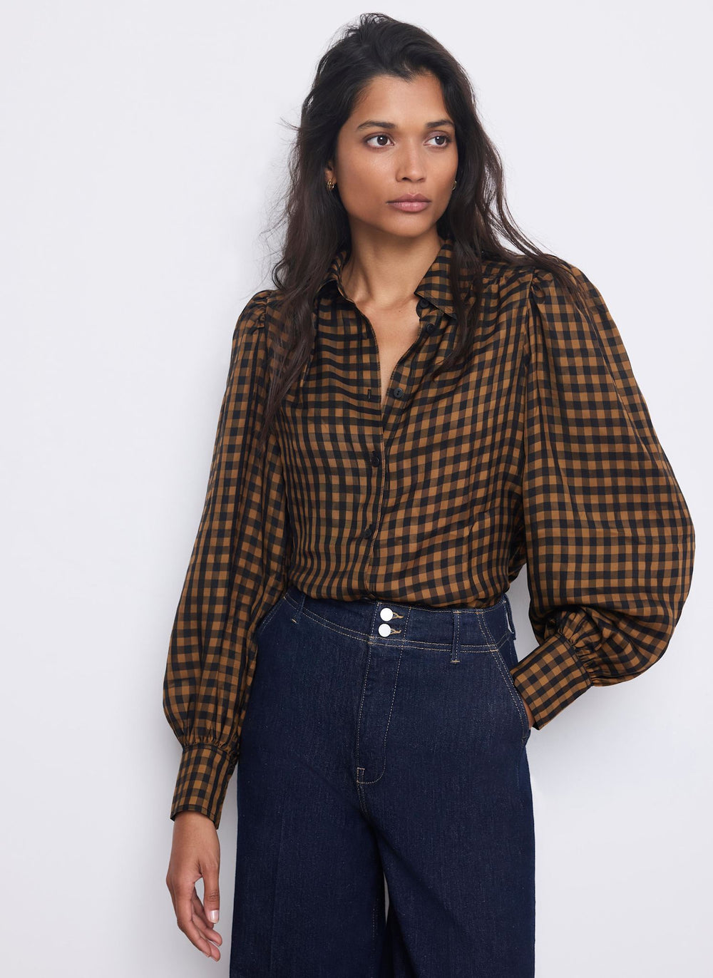 Black Check Puff Sleeve Shirt