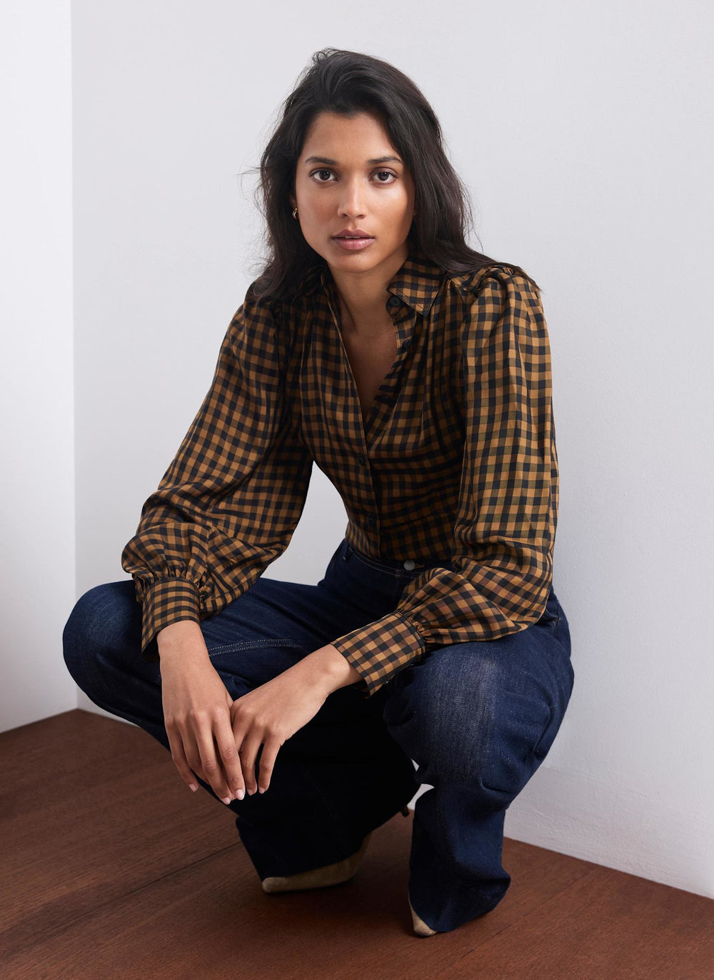 Black Check Puff Sleeve Shirt