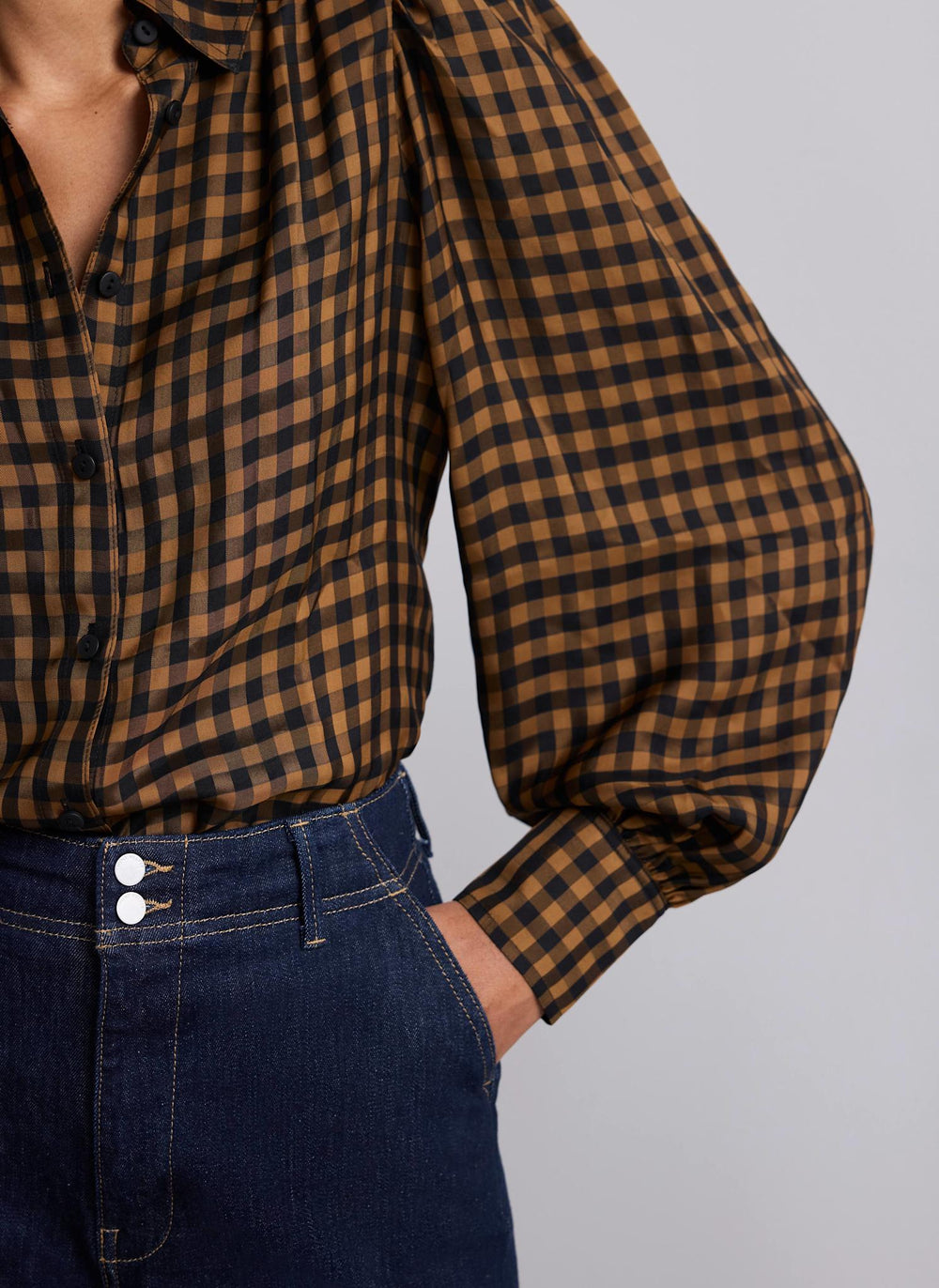 Black Check Puff Sleeve Shirt