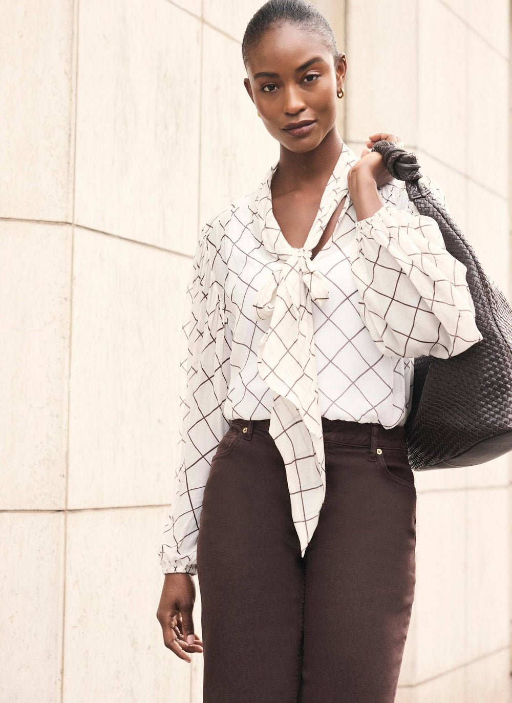 Cream Checked Pussy Bow Blouse
