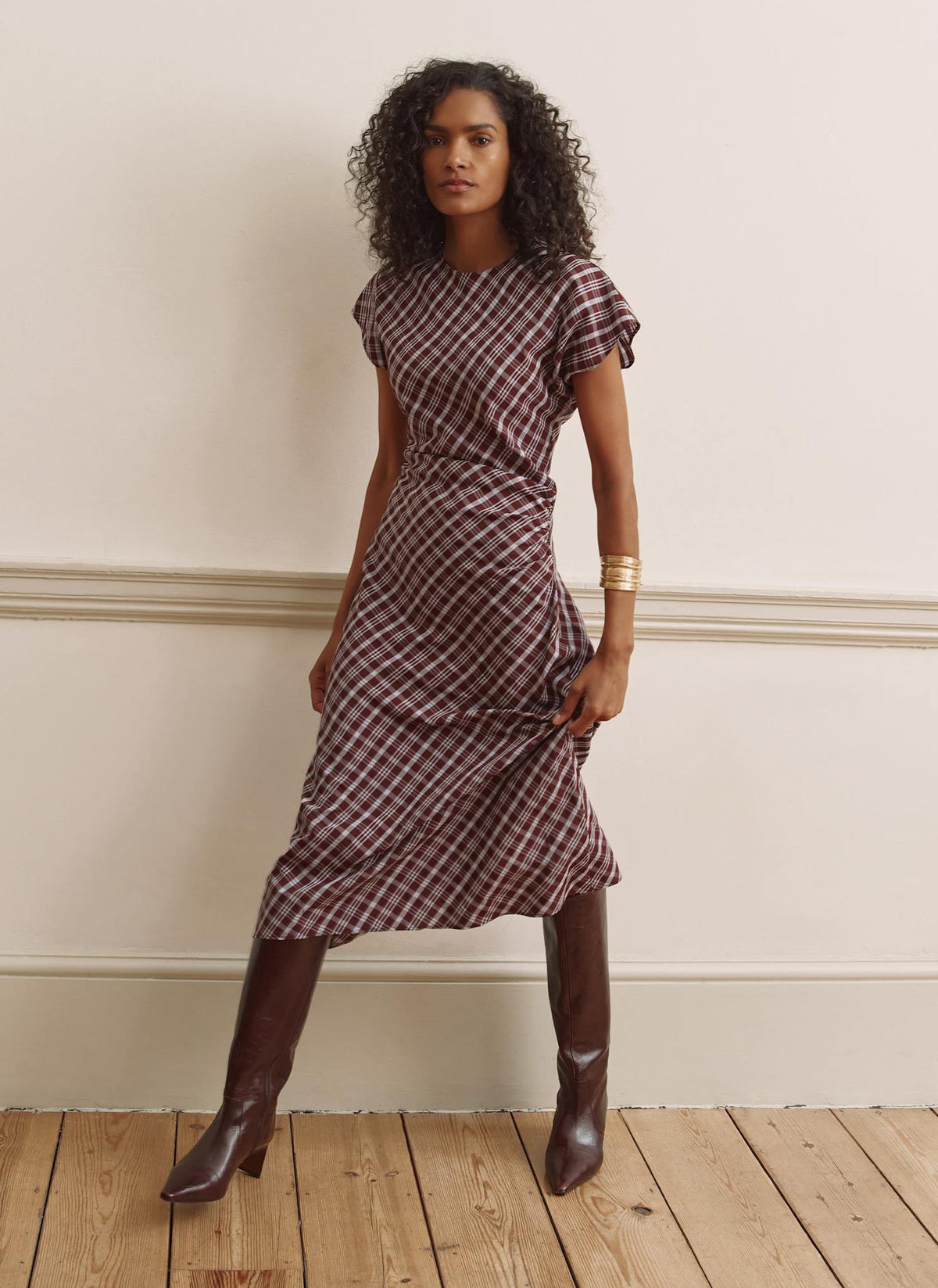 Burgundy Checked Ruched Midi Dress – Mint Velvet