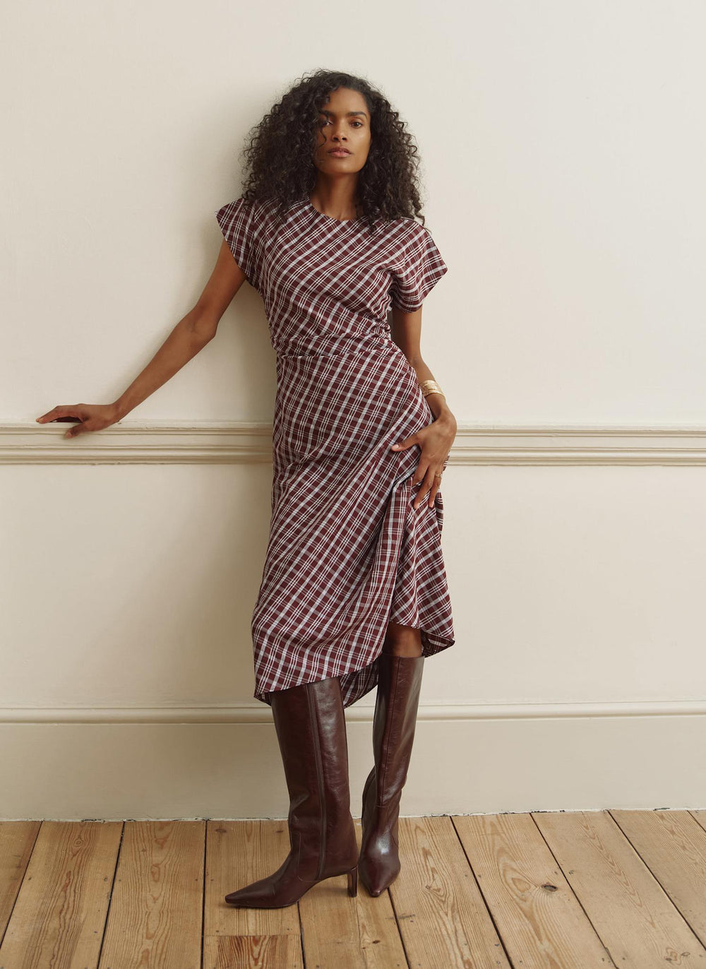 Burgundy Checked Ruched Midi Dress
