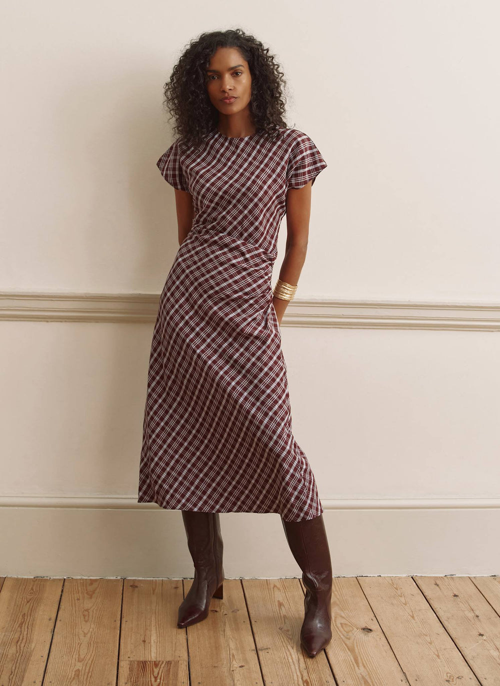 Burgundy Checked Ruched Midi Dress