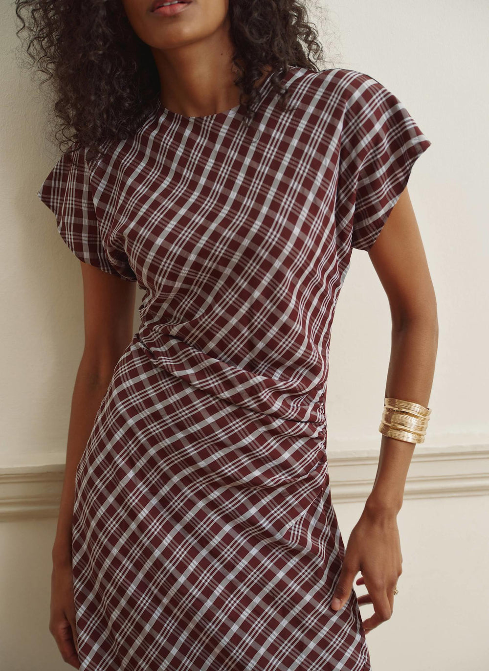 Burgundy Checked Ruched Midi Dress