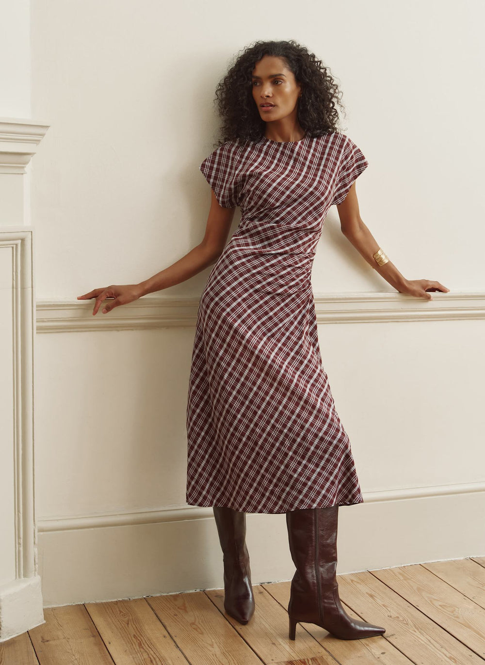 check midi dress Burgundy Checked Ruched made for everyday wear. Color:Tulip Print in Green DR4708CONTRAST Efsteb Women's Off-Shoulder Maternity