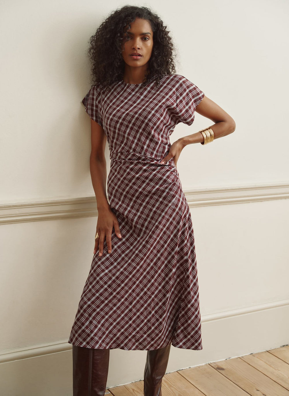 burgundy gingham dress Checked Ruched Midi inspired flair A New Day Women's Waist:50 midnight black