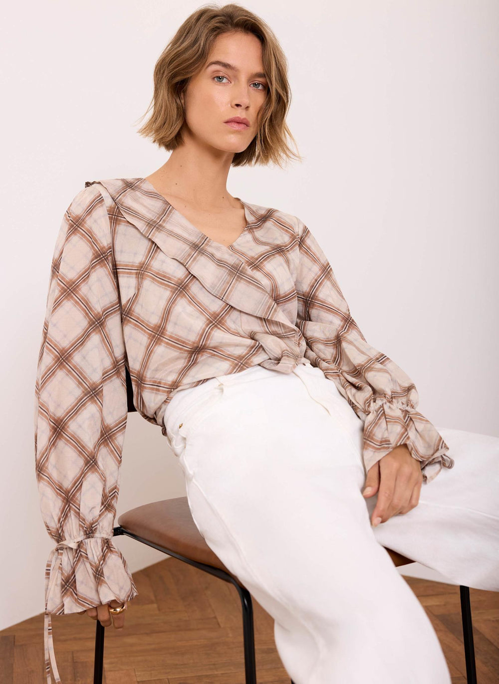 Neutral Checked Print Ruffle Blouse