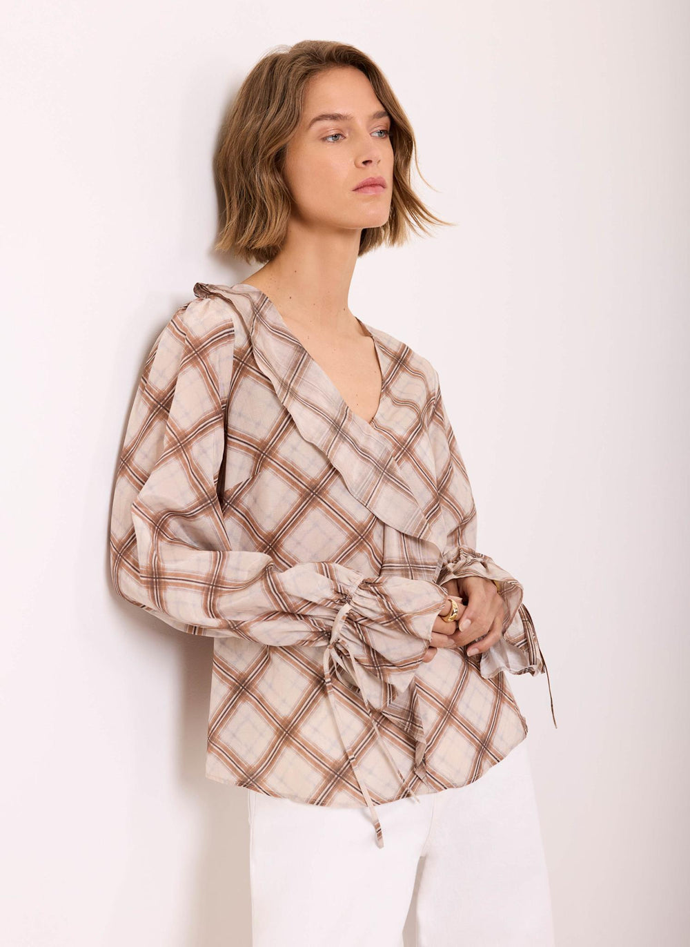 Neutral Checked Print Ruffle Blouse