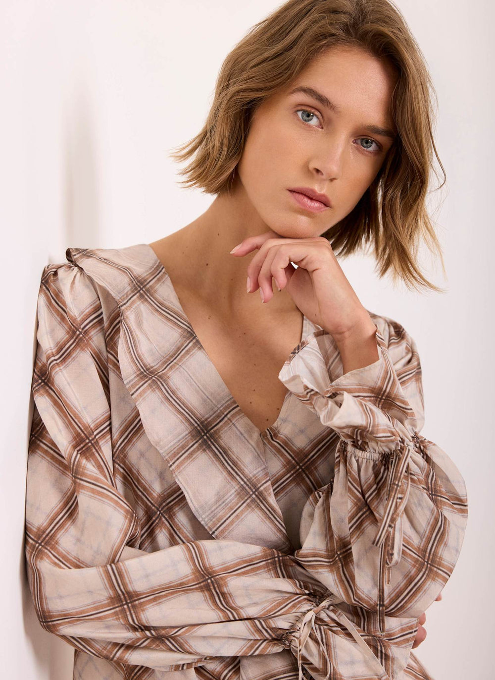 Neutral Checked Print Ruffle Blouse