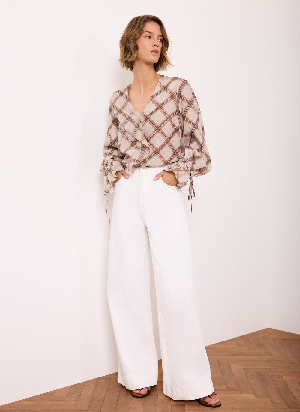 Neutral Checked Print Ruffle Blouse