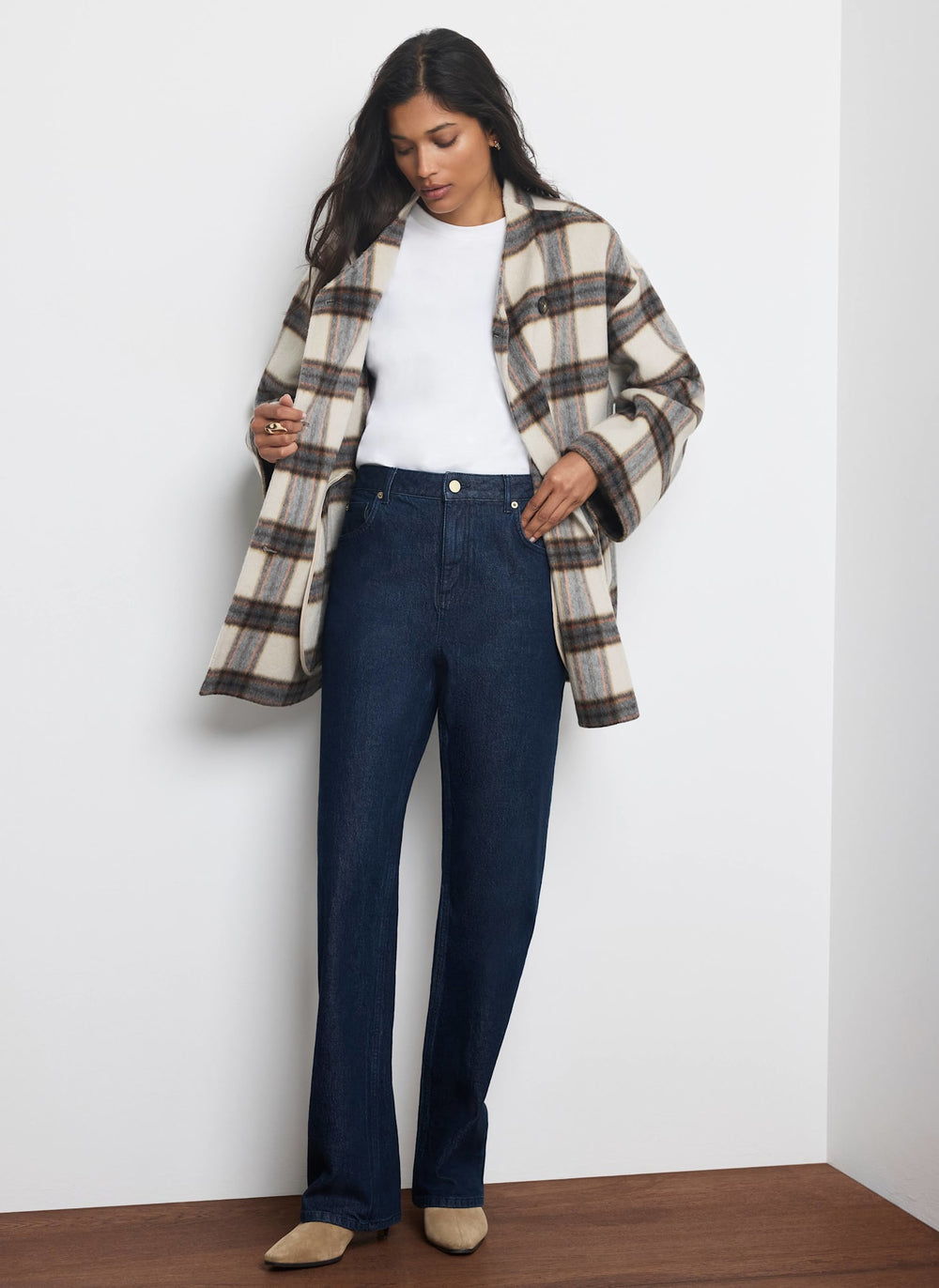 Neutral Check Wool Blend Hand Finished Scarf Coat
